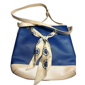 Parazul Shoulder Bag Blue and Beige with Gold Tone Hardware and Scarf Accent